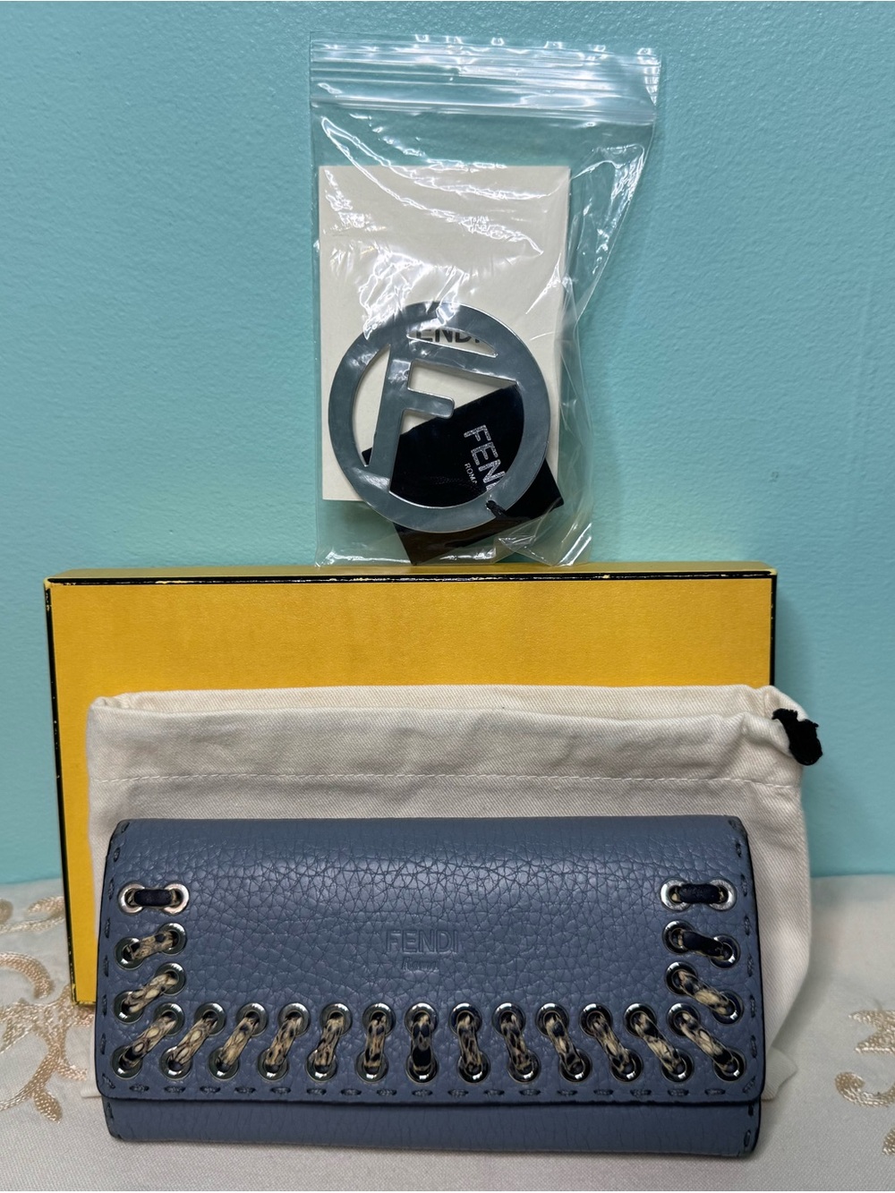 Fendi Gray-Blue Leather Selleria Wallet Full Set